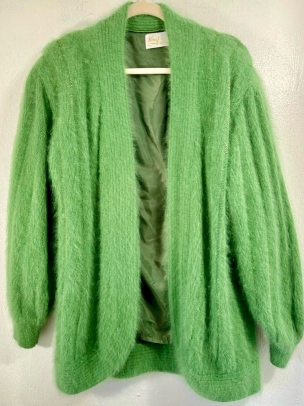 Vintage 80s Nina Austin Bright Green Fuzzy Angora Open Jacket.Size S